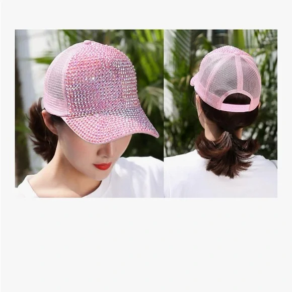 Sparkly Pink Rhinestone Bedazzled Beaded Baseball Hat Cap - Picture 2 of 9
